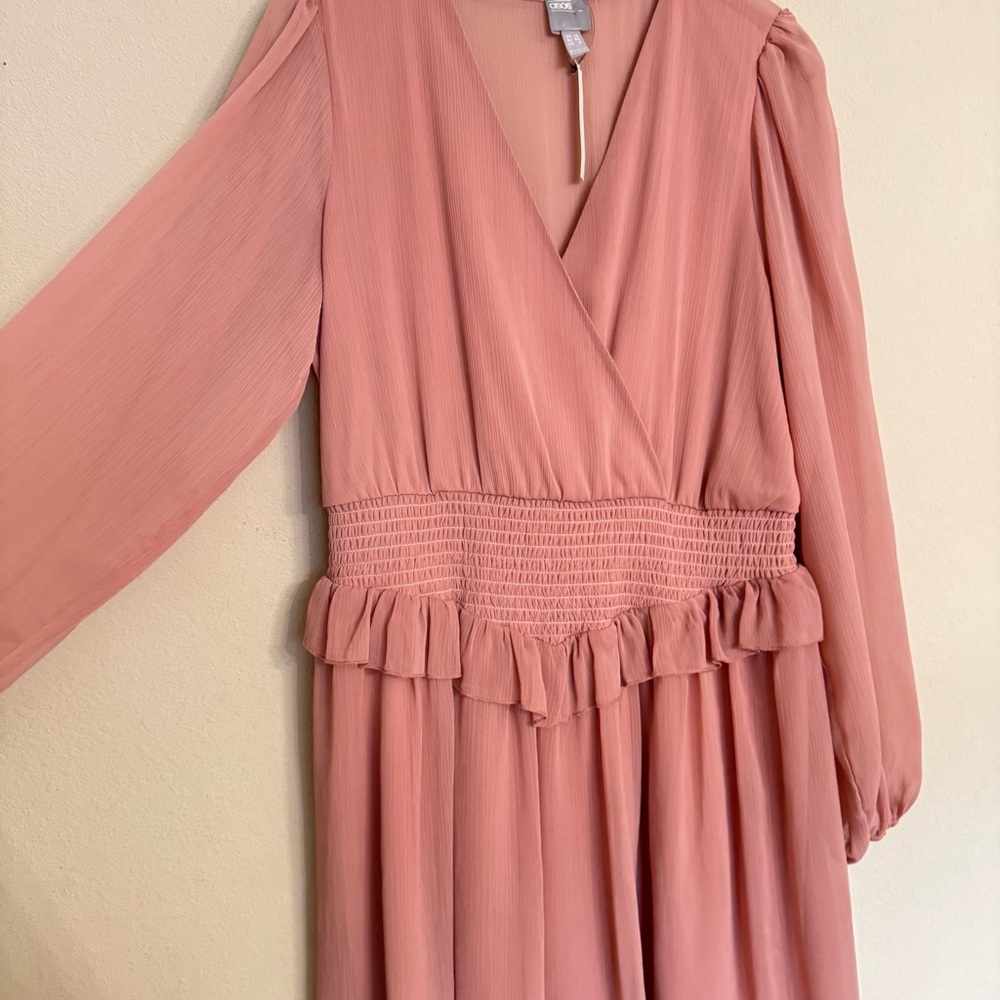 ASOS Pink Ruffled Long Sleeve Smocked Waist Casual Party Dress 12 NEW - Picture 9 of 16